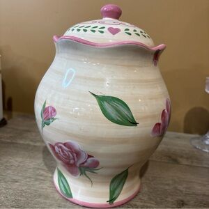 Vintage Cookie Jar Pink Floral Pattern On Beige Background.  3D